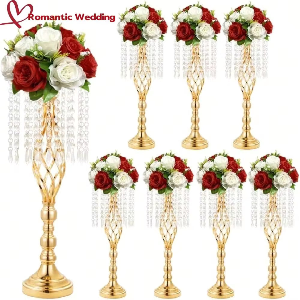Crystal Tassel Flower Stand For Wedding Table Centerpieces, Elegant Metal Stand For Floral Arrangements, Metal Vase For Weddings, Parties, Dinners, Hotels, Home Decor And Gifting, Fits Artificial Flowers (Flowers Not Included)