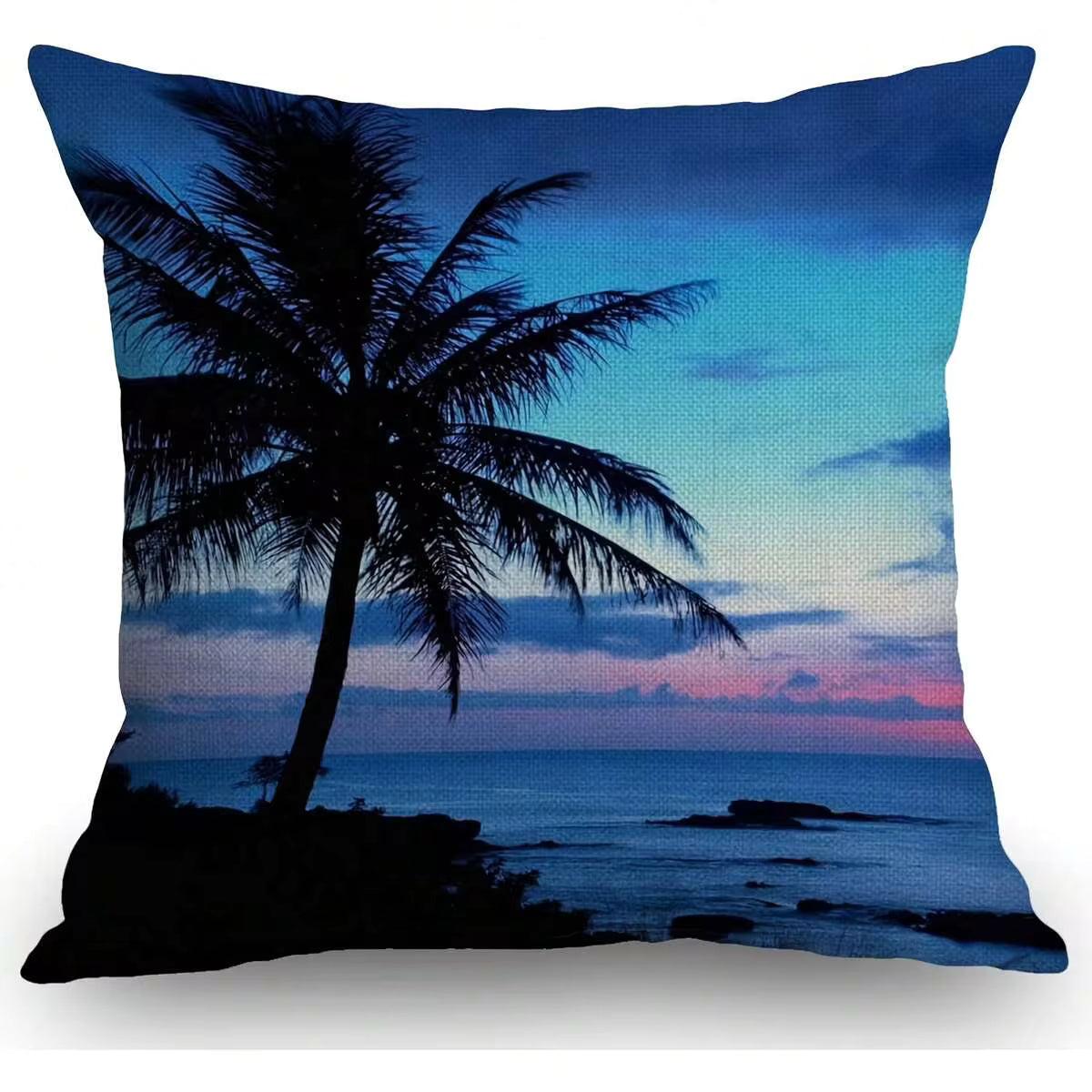 1 Piece Tropical Beach Sunset Palm Tree Ocean Scene Linen Pillowcase - Single-Sided Decorative Cushion Cover, Zipper Closure, Machine Washable, Suitable For Sofa, Bed, Living Room, Coastal Home Decor (Insert Not Included), Seaside Room Decoration